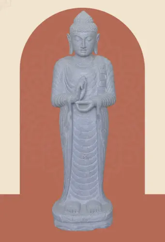 Product image of the product “Standing Buddha made of Riverstone in Dharmachakra position - gesture of wheel of the teaching of Dharma. About 122cm height. ”